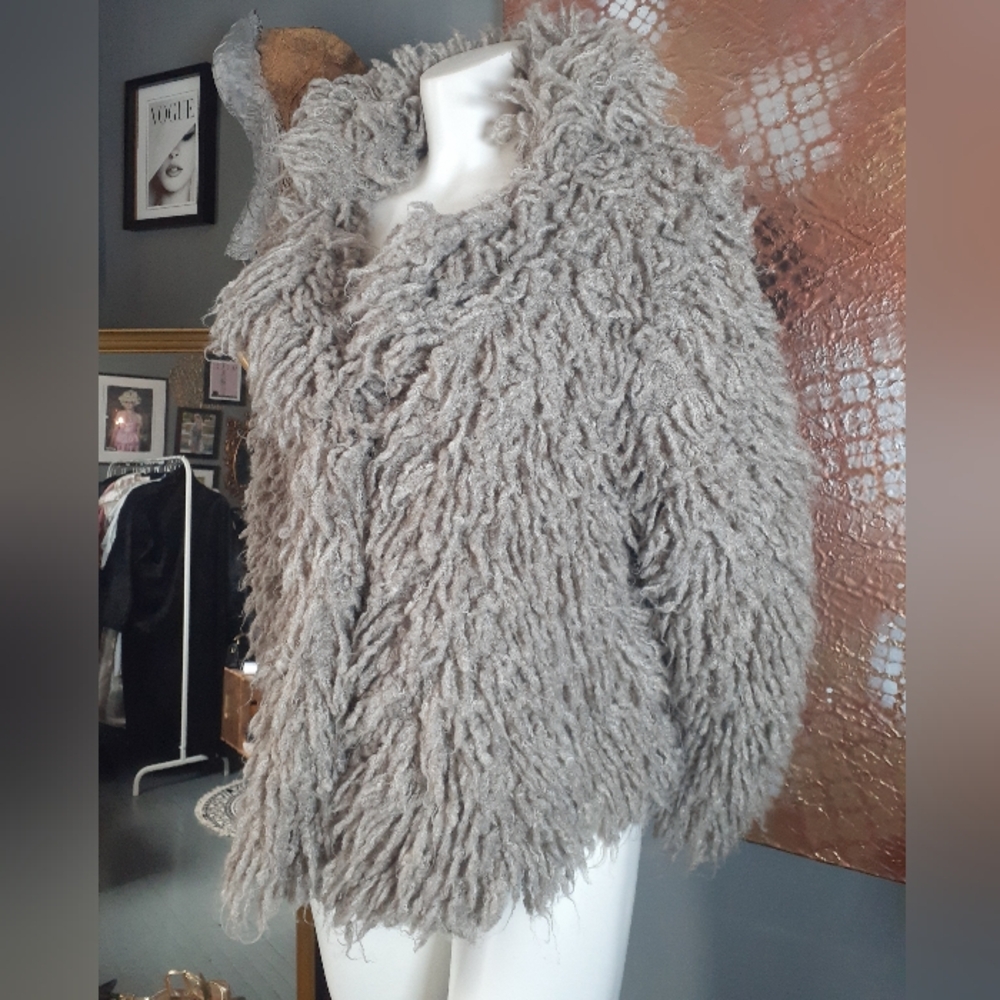 Zara Wool Blend Taupe Shaggy Fringed Jacket